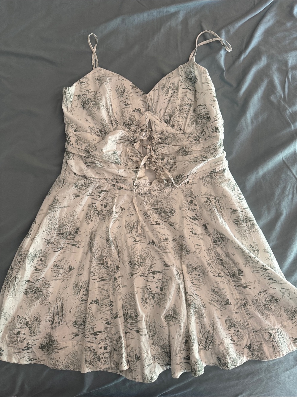 Trixxi Cream Mini Dress with Green Toile Print and Lace-Up Front
